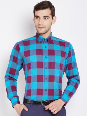 Hancock Men Blue & Burgundy Slim Fit Checked Formal Shirt