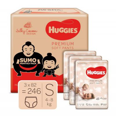 Huggies Baby Premium Soft Pants Sumo Monthly Pack, Small Size Diaper Pants, 246 Count