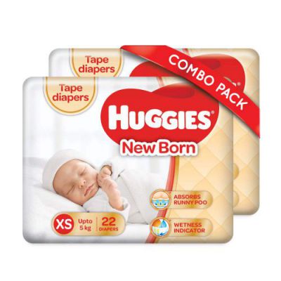 Huggies Ultra Soft Extra Small / New Born Baby (XS / NB) Tape Diapers Combo Pack of 2, 22 Counts Per Pack (44 Pieces)