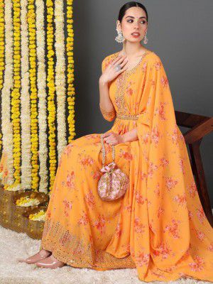 KALINI Floral Printed Sequinned Georgette Anarkali Kurta with Trousers & Dupatta