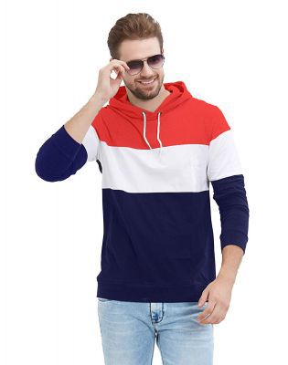 LEWEL Men's Full Sleeve Red, White, Navy Hooded T-Shirt (100% Cotton, Bio-Washed)
