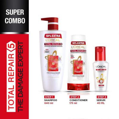 L'Oreal Paris Total Repair 5 Shampoo 640ml Combo with Conditioner, 175ml + Serum, 40ml FREE