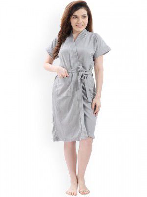 LacyLook Women Grey Solid Bath Robe With Belt