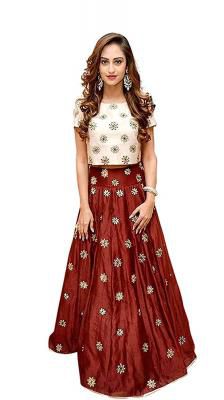 MAHADEV FAB Women's Tassar Silk Satin Semi-Stitched Lehenga (RZF071, Maroon, Free Size)