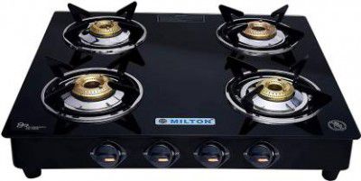 MILTON Premium 4 Burner Black Manual Ignition LPG Glass Top Gas Stove, (ISI Certified)