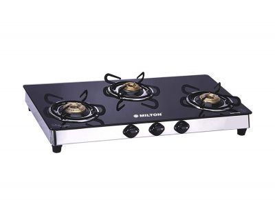 MILTON Sapphire Stainless Steel Black Toughened Glass Top Gas Stove - 3 Burner