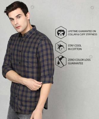 Metronaut Men Checkered Casual Dark Blue Shirt