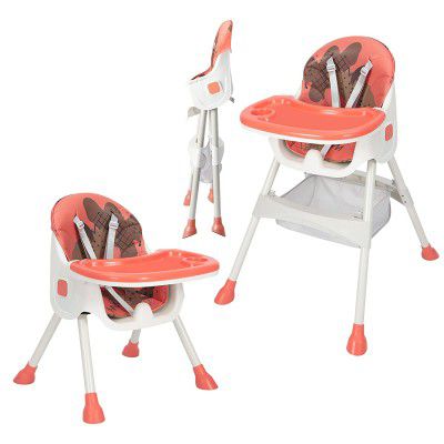 MonBébé Foldable 2 in 1 Baby High Chair Feeding Booster Seat for Babies with Storage Basket Height Adjustable Feeding Chair (Red)
