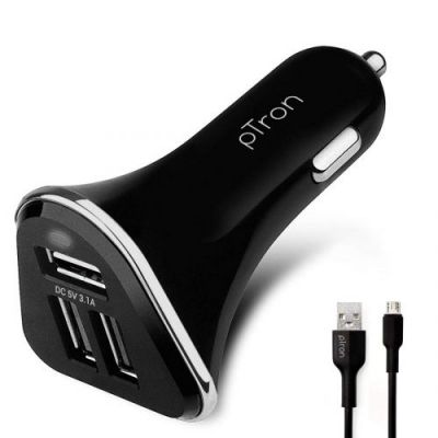 PTron Bullet 3.1A Fast Charging Car Charger, 3 USB Port with Micro USB Cable