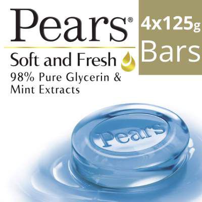 Pears Soft & Fresh Bathing Bar with 98% Pure Glycerine & Mint Extracts - For Fresh Glow (125g x 4)