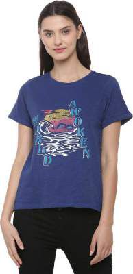 People Printed Women Round Neck Blue T-Shirt