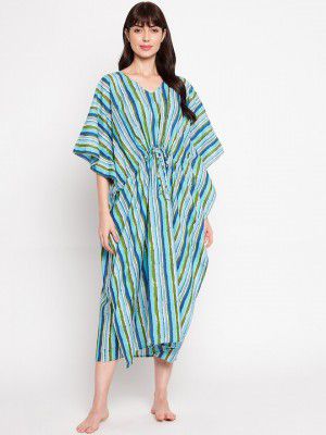 SECRETS BY ZEROKAATA Women Striped Cotton Kaftan Cover Up Dress