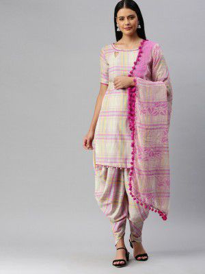 SHAVYA Off-White & Pink Cotton Blend Unstitched Dress
