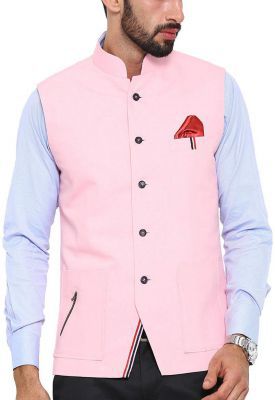 Shaftesbury London Men's Solid Cotton Bandhgala Ethnic Nehru Jacket Waistcoat (Pink,Parent)
