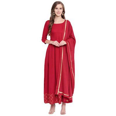 Stylum Women's Gold Printed Rayon Flared Kurta Dupatta Set (Maroon)