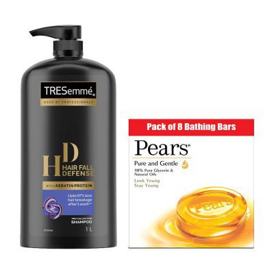 TRESemme Hair Fall Defence Shampoo, 1000 ml with Pears Pure and Gentle Bathing Bar, 125 g (Pack of 8)
