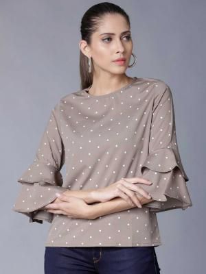 Tokyo Talkies Casual Layered Sleeve Polka Print Women White, Brown Top