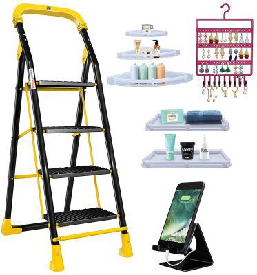 Trendy Cameo Special 4 Step Ladder Combo with Set of 3 Corner Shelves, Set of 2 Bathroom Shelves, Earring Holder, Mobile Stand