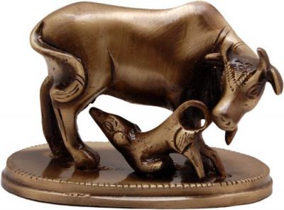 Two Moustaches Kamdhenu Cow & Calf Brass Showpiece