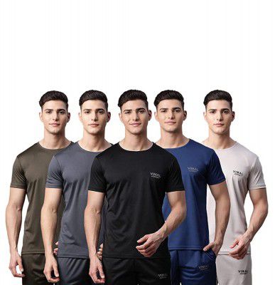 VIMAL JONNEY Dryfit Lycra Solid Multicolor T-Shirt for Men (Pack of 5)