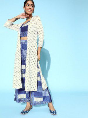 Varanga Women Blue & White Printed Crop top with Palazzos & Shrug Co-Ords