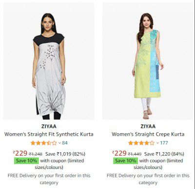 Ziyaa Womens Clothing at Min.78% Off + Extra 10% Coupon Discount