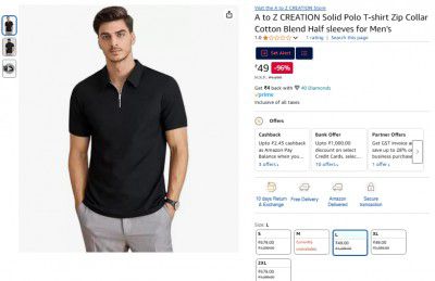 A to Z CREATION Solid Polo T-shirt Zip Collar Cotton Blend Half sleeves for Men's
