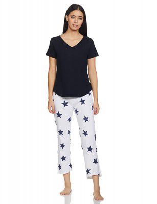 A.T.U.N Womens Wine V-Neck Tee with Grape Awning Stripe Pyjamas Set Relaxed