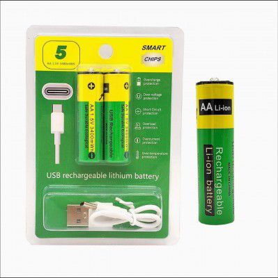AA USB Rechargeable Lithium Battery 1.5V 3400 mWh with Type C Charging Cable - 2 Pcs Double A Rechargeable Cells 