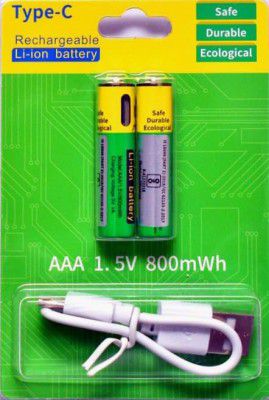 AAA Rechargeable Battery 800 mWh & 1.5V Lithium Ion USB Type-C Charging Cell (1 Pair)