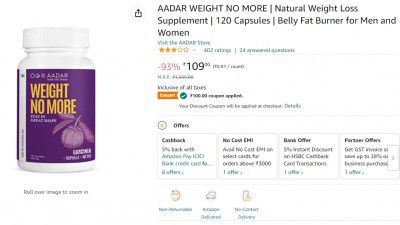 AADAR WEIGHT NO MORE | Natural Weight Loss Supplement | 120 Capsules | Belly Fat Burner for Men and Women