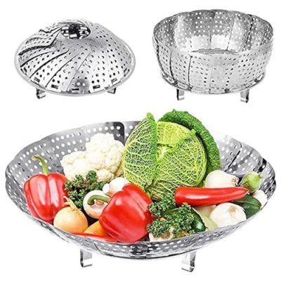 AADHIK Stainless Steel Vegetable Fruit Steamer Punching Food Drain Bowl Basket Stainless Steel Steamer (Steamer Basket)
