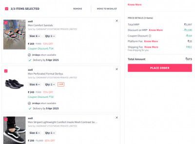 Myntra : Aadi Mens Footwear Starts At ₹249 + 20% Off Upto ₹250 On Min Purchase Of ₹699