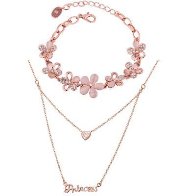 Aaishwarya Exclusive Combo of Rosegold Crystal Charm Bracelet and Love Bling Princess Layered Pendant Necklace/Chain for Women & Girls.