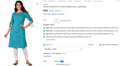 Aaivan Women Printed Pure Cotton Straight Kurta (Light Blue)