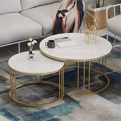 AALIYA MART Set of Coffee Table Modern Design Center Table Couch Table Stacking Nesting Table for Living Room, Bedroom, or Apartment - Golden White (Wrought Iron)