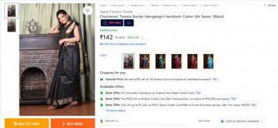 Aamir Fashion Textile  Checkered, Temple Border Mangalagiri Handloom Cotton Silk Saree  (Black)