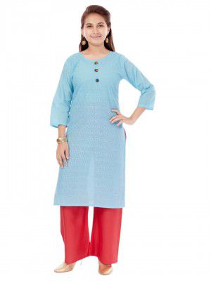 Aarika Girls Firozi Colour Cotton Embroidery Kurti