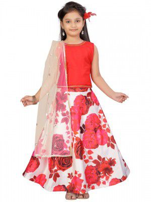 AarikaGirls White & Red Floral Printed Ready to Wear Lehenga  