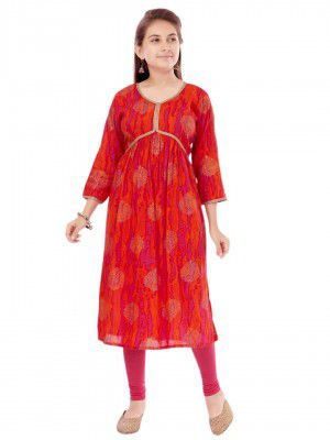 Aarika Girls Orange-Rani Colour Cotton Printed Kurti