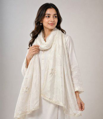 Aayat Fashion Cotton Blend Embroidered White Women Dupatta