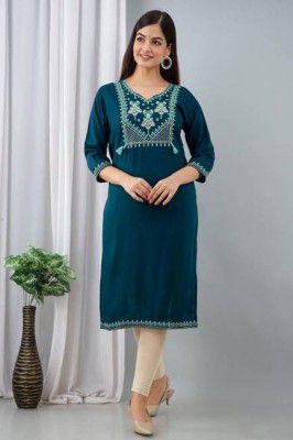 Aaysa Women Embroidered Viscose Rayon Straight Kurta  (Blue)
