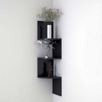 Abhika Arts Wooden Wall Mount Corner Shelf Unit, 3-Tier Floating Wall Shelf with Exquisite Design, Black