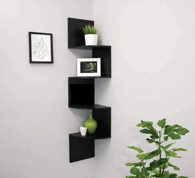 Abhika Arts Zig - Zag Floating Corner Shelves, 4-Tier Wall Mounted Storage Shelf with White Finish for Bedroom, Living Room, Bathroom, Display Shelf for Small Plant, Photo Frame, Toys and More (Black)
