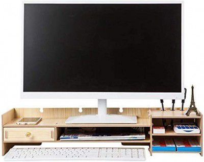 Abhsant Bamboo 2 Tiers Desk Organizer with Drawer With Keyboard Storage Space for Office Notebook Stand Laptop PC Monitor Stand tv stand Multifunctional Desktop Organizer