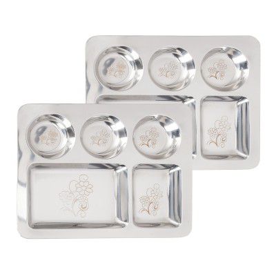 Abode Heavy Guage Stainless Steel Dinner Plate with Round partition compartments Floral Design | Set of 2 | 550gm per Plate (6)