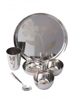 Abode Prime Stainless Steel Heavy Guage Material Dinner Set | Dinner Set with 2 Thali , 4 Bowl , 2 halwa Plate , 2 Glass , 2 Spoon | Dinnerware | Stainless Steel Dinner with Set of 12 | Silver |