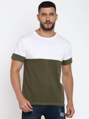 abof By Aditya Birla Men Color Block Round Neck Green, White T-Shirt