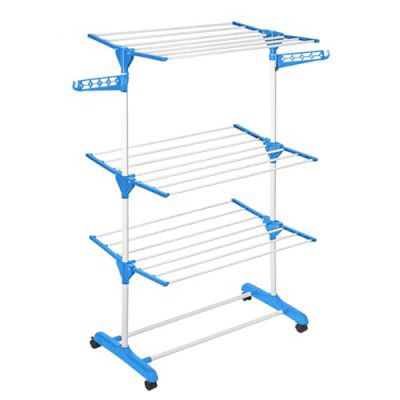 ABOUT SPACE 6 ft Clothes Drying Stand - 3 Layer Foldable Cloth Dryer Stand, Portable with Castor Wheels, 24 Hanger Rods & 2 Wings - Anti Rust Steel Sturdy Pole (Blue - L 75 x B 55 x H 165 cm)