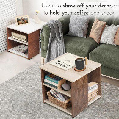 ABOUT SPACE Coffee Table - Wooden Center Table with Storage - Oak & Walnut (L 50 x B 50 x H 51 cm)